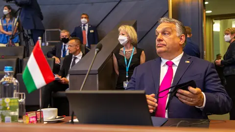 HANDOUT - 14 June 2021, Belgium, Brussels: Hungarian Prime Minister Viktor Orban attends a plenary session at the North Atlantic Treaty Organization (NATO) Summit. Photo: -/NATO/dpa - ATTENTION: editorial use only and only if the credit mentioned above is referenced in full