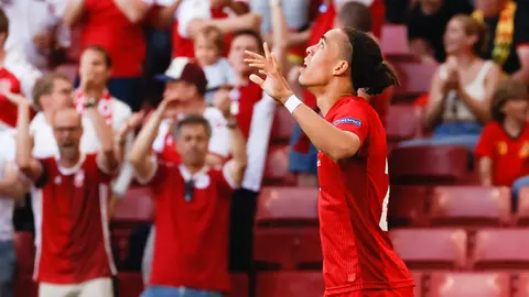17 June 2021, Denmark, Copenhagen: Denmark's Yussuf Poulsen celebrates after scoring his side's first goal during the UEFA EURO 2020 Group B soccer match between Denmark and Belgium at Parken stadium. Photo: Bruno Fahy/BELGA/dpa