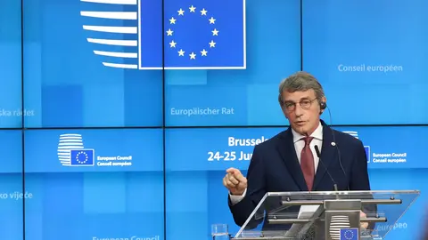HANDOUT - 24 June 2021, Belgium, Brussels: European Parliament president David Sassoli speaks during a press conference, on the first day of a two-days European Union summit at the European Council. Photo: Mario Salerno/European Council/dpa - ATTENTION: editorial use only and only if the credit mentioned above is referenced in full