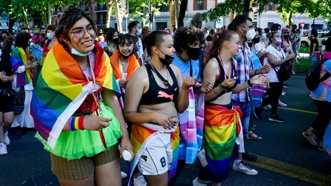 28 June 2021, Spain, Madrid: People take part in the LGBT Pride parade as they demand equal rights and treatment around the world. Photo: A. Pérez Meca/EUROPA PRESS/dpa