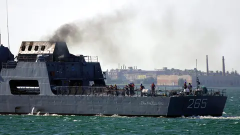 ¨The F-265 Contraamiral Horia Macellariu corvette of the Romanian Naval Forces arrives in Odessa on June 27, 2021, for the Exercise Sea Breeze 2021 to be held from June 28 to July 10 in the Black Sea region, Odessa, southern Ukraine. Photo: --/Ukrinform/dpa
