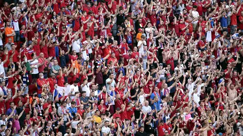 27 June 2021, Hungary, Budapest: Czech Republic fans cheer in the stands during the UEFA EURO 2020 round of 16 soccer match between Netherlands and Czech Republic at the Puskas Arena. Photo: -/PA Wire/dpa