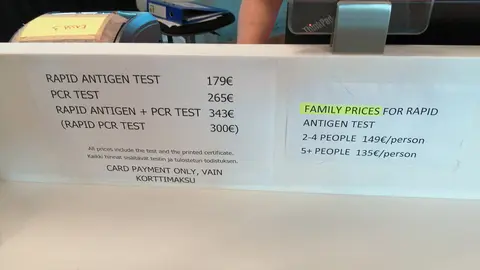 Prices charged on 11 July at the Helsinki-Vantaa airport testing center. Photo: © Foreigner.fi.