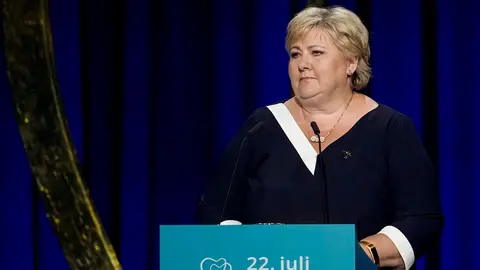 22 July 2021, Norway, Oslo: Norway's Prime Minister Erna Solberg delivers a speech during a memorial service at Oslo Spektrum marking the 10th anniversary of the 2011 terror attacks in Norway. Photo: Fredrik Hagen//dpa