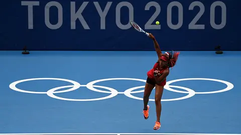 26 July 2021, Japan, Tokyo: Japanese tennis player Naomi Osaka in action against Swiss Viktorija Golubic during their Women's singles second round tennis match, as part of the Tokyo 2020 Olympic Games. Photo: Rob Walbers/BELGA/dpa