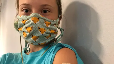 Climate activist Greta Thunberg after receiving her first Covid-19 vaccine does. Photo: Twitter/@GretaThunberg.