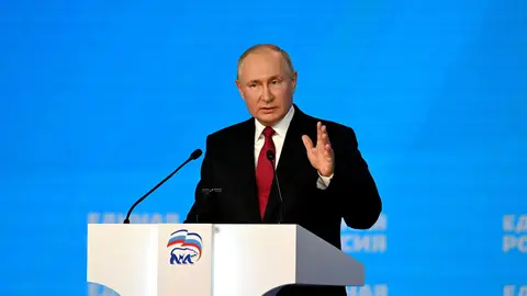 HANDOUT - 24 August 2021, Russia, Moscow: Russian President Vladimir Putin delivers a speech during the 20th United Russia party congress. Photo: -/Kremlin/dpa - ATTENTION: editorial use only and only if the credit mentioned above is referenced in full