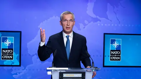 HANDOUT - 20 August 2021, Belgium, Brussels: Secretary General of North Atlantic Treaty Organization (NATO) Jens Stoltenberg speaks during a press conference following the extraordinary meeting of NATO Ministers of Foreign Affairs on the situation in Afghanistan. Photo: -/NATO/dpa - ATTENTION: editorial use only and only if the credit mentioned above is referenced in full