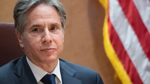 08 September 2021, Rhineland-Palatinate, Ramstein-Miesenbach: US Secretary of State Antony Blinken awaits the arrival of German Foreign minister Heiko Maas prior to their meeting at the Ramstein Air Base. Photo: Boris Roessler/dpa