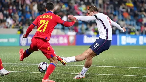 09 October 2021, Andorra, Andorra Le Vella: England's Jack Grealish scores his side's fifth goal during the FIFA 2022 World Cup European Qualifier Group I soccer match between Andorra and England at National Stadium of Andorra. Photo: Nick Potts/PA Wire/dpa