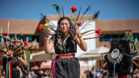 11 October 2021, US, Albuquerque: Athena Martinez performs a traditional dance at the Indian Pueblo Cultural Center during the Indigenous Peoples Day 2021 celebrations. Photo: Roberto E. Rosales/Albuquerque Journal via ZUMA/dpa