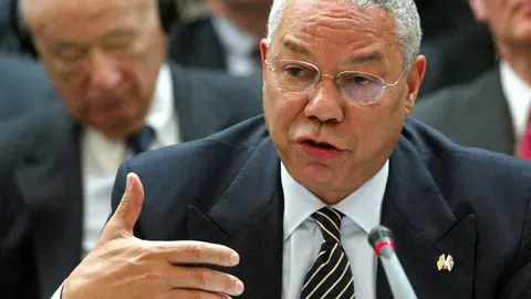 FILED - 28 April 2004, Berlin: Then US Foreign Secretary Colin Powell gestures as he speaks during the anti-Semitism conference which is organised by the Organisation for Security and Co-operation in Europe (OSCE) in Berlin. Former US Secretary of State Colin Powell has died aged 84 of Covid-19 complications, his family has announced. Photo: Michael Urban/dpa/Pool/dpa