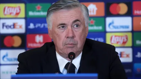 20 October 2021, Ukraine, Kyiv: Real Madrid head coach Carlo Ancelotti attends a press conference following the UEFA Champions League Group D soccer match against Shakhtar Donetsk. Photo: -/Ukrinform/dpa