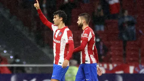31 October 2021, Spain, Madrid: Atletico Madrid's Joao Felix celebrates scoring his side's third goal during the Spanish La Liga soccer match between Atletico Madrid and Real Betis at Wanda Metropolitano Stadium. Photo: Jose Luis Contreras/DAX via ZUMA Press Wire/dpa.