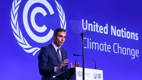 01 November 2021, United Kingdom, Glasgow: Spanish Prime Minister Pedro Sanchez speaks during the opening ceremony of the UN Climate Change Conference (COP26) at the Scottish Event Campus (SEC). Photo: Yves Herman/PA Wire/dpa