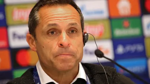 02 November 2021, Ukraine, Kyiv: Barcelona coach Sergi Barjuan reacts during a press conference following the UEFA Champions League Group E soccer match against FC Dynamo Kyiv at the Olimpiyskiy stadium. Photo: -/Ukrinform/dpa