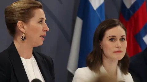 03 November 2021, Denmark, Copenhagen: Danish Prime Minister Mette Frederiksen (L) and Finland Prime Minister Sanna Marin speak at a Nordic Council press conference in Copenhagen. Photo: Steffen Trumpf/dpa.