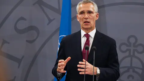 03 November 2021, Denmark, Copenhagen: The North Atlantic Treaty Organization (NATO) Secretary General Jens Stoltenberg speaks at a joint press conference with Danish Prime Minister Mette Frederiksen (not pictured) following their meeting. Photo: Steffen Trumpf/dpa.
