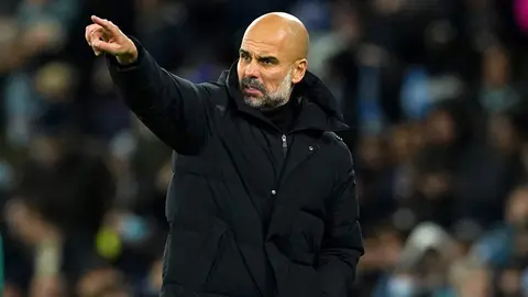 03 November 2021, United Kingdom, Manchester: Manchester City manager Pep Guardiola gestures on the touchline during the UEFA Champions League Group A soccer match between Manchester City FC and Club Brugge KV at the Etihad Stadium. Photo: Martin Rickett/PA Wire/dpa