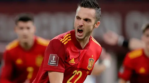 Pablo Sarabia's penalty wasSpain's first goal from the spot in a World Cup qualifier since October 2009. Photo: @EURO2024/Twitter.