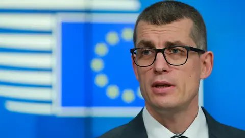 HANDOUT - 23 November 2021, Belgium, Brussels: Slovenia's European affairs Minister Gasper Dovzan gives a press conference after the General Affairs ministers council (GAC) at the EU headquarters in Brussels. Photo: Zucchi Enzo/European Union/dpa - ATTENTION: editorial use only and only if the credit mentioned above is referenced in full.