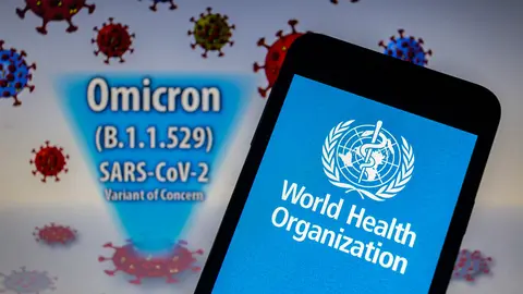 29 November 2021, Paraguay, Asuncion: A general view of the logo of the World Health Organization (WHO) displayed on a smartphone in front of visual representation of the new Omicron COVID-19 variant. Photo: Andre M. Chang/ZUMA Press Wire/dpa.