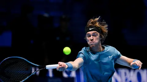 19 November 2021, Italy, Turin: Russia's tennis player Andrey Rublev in action against Norway's Casper Ruud during their men's singles group stage match at the ATP Finals in Turin. Photo: Marco Alpozzi/LaPresse via ZUMA Press/dpa.