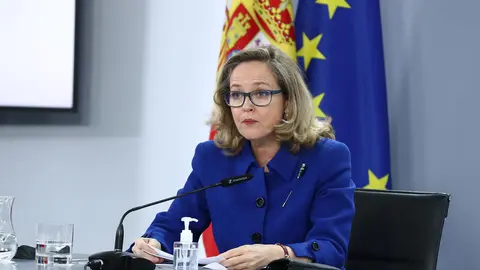 The First Vice President and Minister of Economic Affairs and Digital Transformation, Nadia Calviño, at a press conference at the end of the Council of Ministers meeting. Photo: La Moncloa.