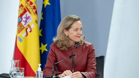 The Deputy Prime Minister and Minister of Economic Affairs and Digital Transformation Nadia Calviño, at the press conference at the end of the extraordinary meeting of the Council of Ministers. Photo: La Moncloa.