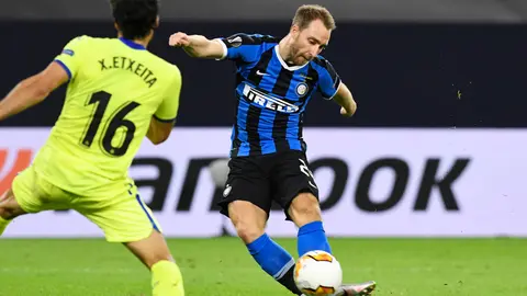FILED - 05 August 2020, North Rhine-Westphalia, Gelsenkirchen: Inter Milan's Christian Eriksen scores his side's second goal during the UEFA Europa League round of 16 soccer match between Inter Milan and FC Getafe the Veltins-Arena. Eriksen’s contract with Italian champions Inter Milan was terminated by mutual agreement on Friday, in the wake of the Denmark player's cardiac arrest at the Euro tournament in June. Photo: Bernd Thissen/dpa.