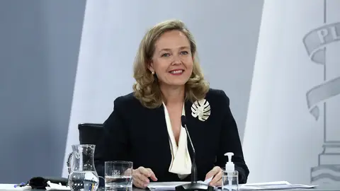12/14/2021. The Minister of Economic Affairs and Digital Transformation, Nadia Calviño, at a press conference after the meeting of the Council of Ministers. Photo: La Moncloa.