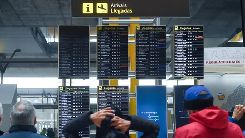 23 December 2021, Spain, Madrid: People look at the arrivals schedule on a display board at Adolfo Suarez airport on the day before Christmas Eve. Photo: Gustavo Valiente/EUROPA PRESS/dpa.