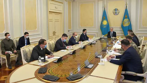 HANDOUT - 07 January 2022, Kazakhstan, Nur-Sultan: Kazakh President Kassym-Jomart Tokayev chairs a meeting of the counter-terrorism command in Nur-Sultan. Photo: -/Kazakh Presidency/dpa - ATTENTION: editorial use only and only if the credit mentioned above is referenced in full.