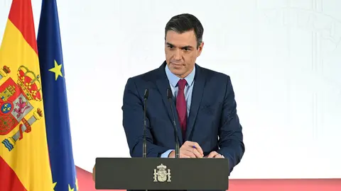 12/29/2021. Prime Minister Pedro Sánchez during his appearance before the media to present the third edition of the Executive's accountability report 'Cumpliendo' (Complying) and summarize the first two years of his mandate. Photo: La Moncloa.