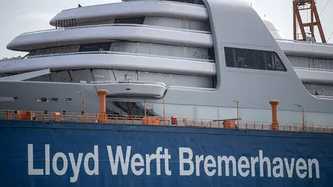 FILED - 23 February 2021, Bremen, Bremerhaven: The 140-meter luxury yacht "Solaris" is seen docked at the Lloyd shipyard in Bremerhaven. Lloyd shipyard filed for insolvency on Monday. Photo: Sina Schuldt/dpa.