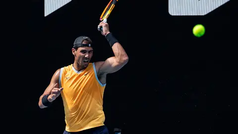 13 January 2022, Australia, Melbourne: Spanish tennis player Rafael Nadal in action during a training session ahead of the Australian Open Grand Slam tennis tournament at Melbourne Park. Photo: Diego Fedele/AAP/dpa.