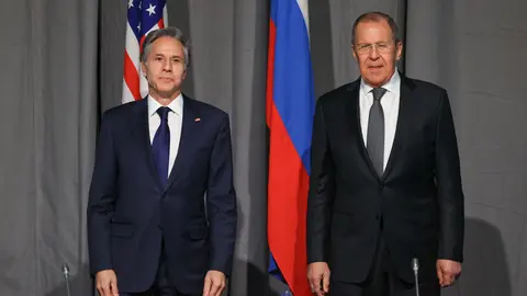 FILED - Russian Foreign Minister Sergey Lavrov (R) meets with US Secretary of State Antony Blinken on the sidelines of the 28th meeting of the Council of Foreign Ministers of the Organization for Security and Co-operation in Europe (OSCE). Photo: -/Russian Foreign Ministry/dpa - ATTENTION: editorial use only and only if the credit mentioned above is referenced in full.