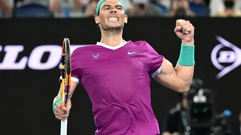22 January 2022, Australia, Melbourne: Spanish tennis player Rafael Nadal celebrates winning his Men's Singles third Round tennis match against Russia's Karen Khachanov, on Day 5 of the 2022 Australian Open tennis tournament at Melbourne Park. Photo: Dave Hunt/AAP/dpa.