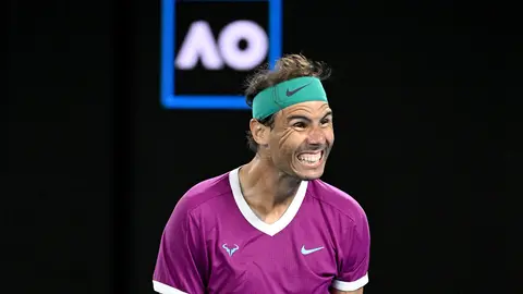 28 January 2022, Australia, Melbourne: Spanish tennis player Rafael Nadal celebrates after defeating Italy's Matteo Berrettini during their men's singles semifinal tennis match on Day 12 of the 2022 Australian Open at Melbourne Park. Photo: Dave Hunt/AAP/dpa.