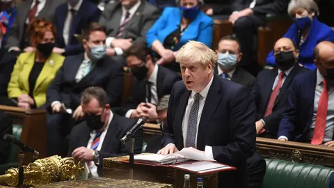 HANDOUT - UK Prime Minister Boris Johnson speaks during the weekly Prime Minister's Questions session at the British Parliament. Photo: Jessica Taylor/UK Parliament via PA Wire/dpa - ATTENTION: editorial use only and only if the credit mentioned above is referenced in full.