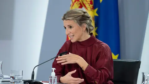 03/12/2021. Minister of Labor and Social Economy Yolanda Díaz, at a press conference at the end of the extraordinary meeting of the Council of Ministers. Photo: La Moncloa.