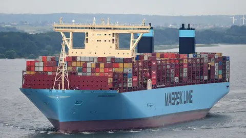 FILED - 16 June 2018, Lower Saxony, Hamburg: The container ship "Mumbai Maersk". A 400-metre-long container ship has run aground off the coast of Germany, the nation's Central Command for Maritime Emergencies said on Thursday.off the island of Wangerooge. Photo: Dietmar Hasenpusch/dpa.
