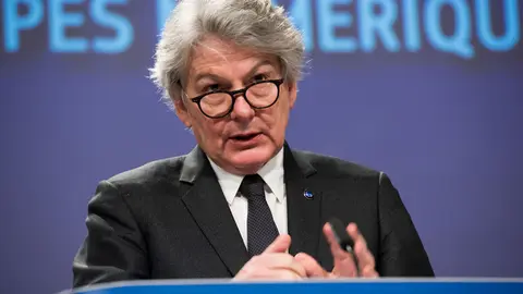 HANDOUT - 26 January 2022, Belgium, Brussels: EU Commissioner for Internal Market and consumer protection, Industry, Research and Energy Thierry Breton speaks during a joint press conference with EU Commissioner of Competition Margrethe Vestager (not pictured), on the proposal for a European declaration on digital rights. Photo: Aurore Martignoni/European Commission/dpa - ATTENTION: editorial use only and only if the credit mentioned above is referenced in full.