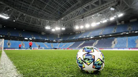 FILED - 04 November 2019, Russia, St. Petersburg: A general view of a ball on the pitch during a training session ahead of the UEFA Champions League Group G soccer match between Zenit St. Petersburg and RB Leipzig at the Gazprom-Arena. UEFA has been heavily criticized on social media after reiterating that it has no current plans to move May's Champions League final away from the Russian city of St Petersburg. Photo: Jan Woitas/dpa-Zentralbild/dpa.