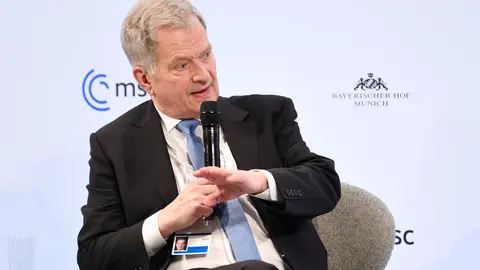 19 February 2022, Bavaria, Munich: Finland's President Sauli Niinisto speaks at the 58th Munich Security Conference. Photo: Tobias Hase/dpa.