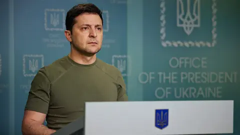 FILED - 24 February 2022, Ukraine, Kiev: Ukrainian President Volodymyr Zelensky delivers a speech to the nation at the presidential palace. Photo: -/Ukrainian President's Office via ZUMA Press Wire Service/dpa.