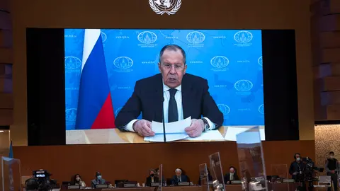 HANDOUT - 01 March 2022, Switzerland, Geneva: Russian Foreign Minister Sergey Lavrov delivers a pre-recorded video speech at the 49th session of the UN Human Rights Council at the European headquarters of the United Nations in Geneva. Photo: Jean Marc Ferré/UN Photo/dpa - ATTENTION: editorial use only and only if the credit mentioned above is referenced in full.