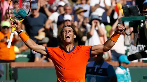 12 March 2022, US, Indian Wells: Spainsh tennis player Rafael Nadal celebrates after defeating USA's Sebastian Korda during their Men's Singles Round of 64 Tennis match of the Indian Wells Masters tennis tournament at Indian Wells Tennis Garden. Photo: Charles Baus/CSM via ZUMA Press Wire/dpa.