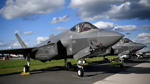 FILED - 25 April 2018, Berlin: A Lockheed Martin F-35 stealth jet from the US with a radar unit from defence contractor Hensoldt is on display at the German Aerospace Exhibition (ILA). The German government wants to equip its air force with US-built F-35 stealth military jets, government sources have told dpa. Photo: Britta Pedersen/zb/dpa.