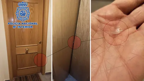 The suspects marked the doors with plastic tokens or glue to ensure that no one was inside during the robbery. Image: Policia Nacional.